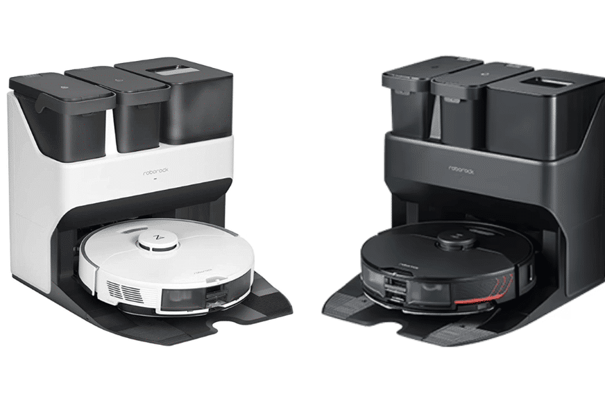 Белая ультрастанция Roborock S7 Pro рядом с черной ультрастанцией S7 MaxV